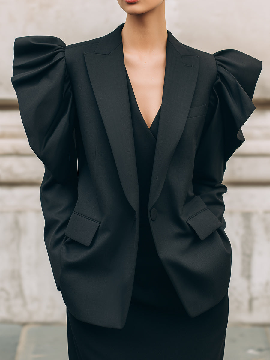 Modern Classic Puff StructuredSleeves Black Wool Blazer