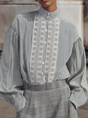 Classic Timeless Striped Mandarin-Collar Lace Panel Shirt