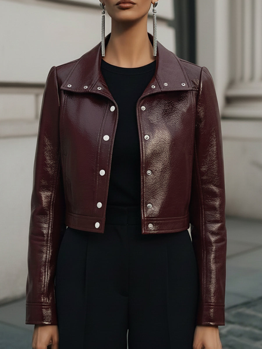 Vintage Minimal Cropped Metal Studs Eco-friendly Patent Leather Jacket