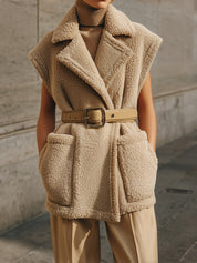 Quiet-Luxury Oversized Belted Faux Teddy Wool Vest