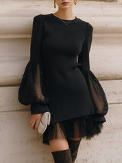Retro Polka Dot Lantern Sleeve Mesh Splicing Knitted Mini Dress