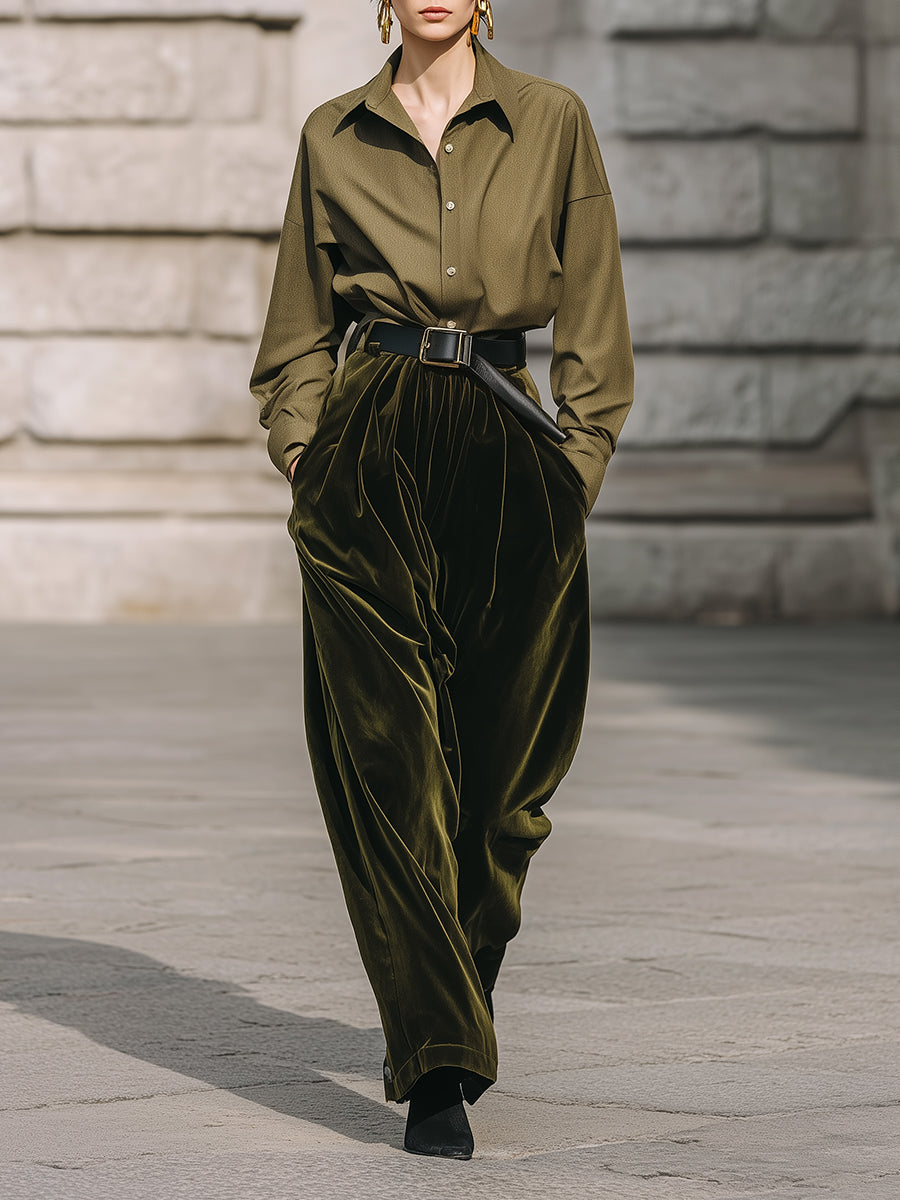 Old Money Minimalist Shirt & Polyester Velvet Straight Pants Suit Including Belt