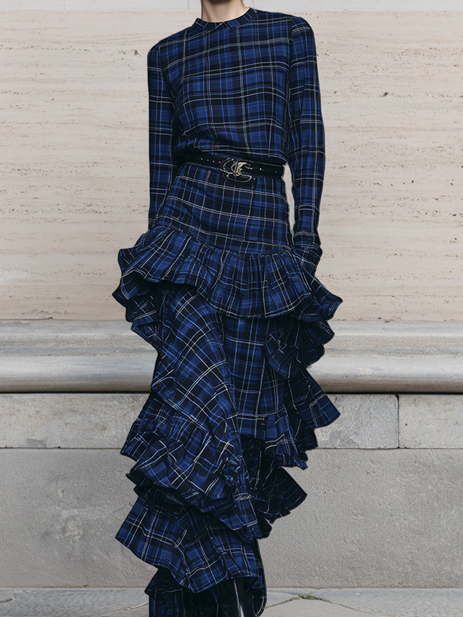 Uniquely Designed Cotton Plaid Multi-layer Ruffle Hem Maxi Dress