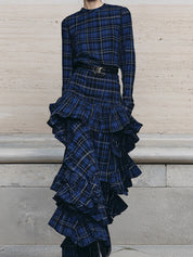 Uniquely Designed Cotton Plaid Multi-layer Ruffle Hem Maxi Dress