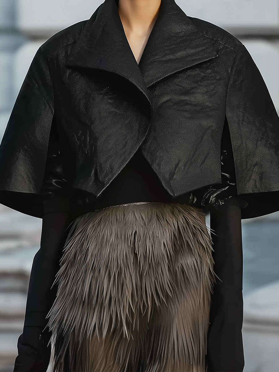 Minimalist Avant-Garde Black Eco-friendly Leather Cape Jacket
