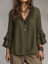 Ruffled Lace Cotton Linen Long-sleeved Blouse