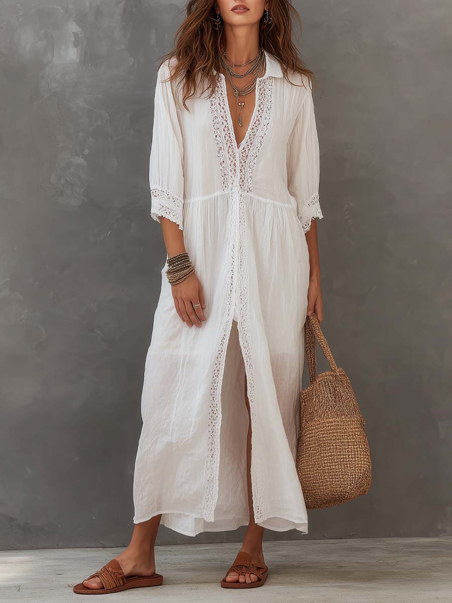 Vintage Lace-trimmed Cotton Linen Shirt Midi Dress