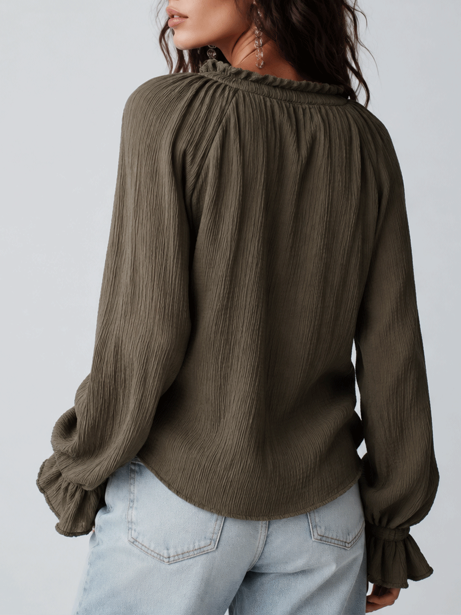 Chic Textured Cotton Split-Neck Lantern-Sleeve Olive Green Blouse