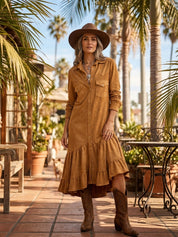 Vintage Faux-Suede Snap-Front Yoke Tiered-Hem Tan Western Maxi Dress