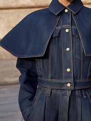 Stylish Removable Poncho Collar Washed Denim Cropped Boxy Jacket