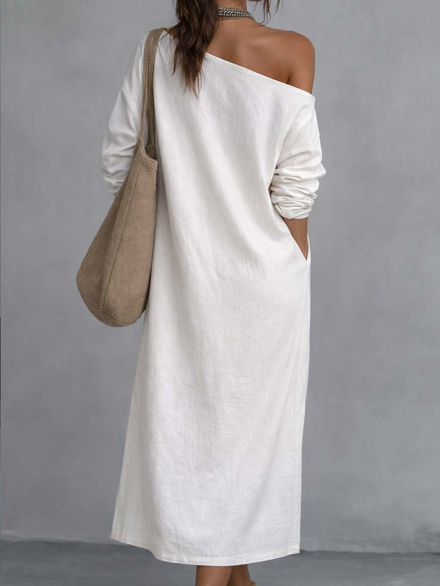 Loose-fitting One Shoulder Split Hem Cotton Linen Midi Dress Loose-fitting One Shoulder Split Hem Cotton Linen Midi Dress