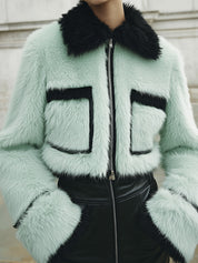 Chic Contrast Patchwork Faux Fur Front Zipper Cropped Boxy Jacket