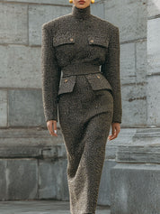 Fashionable Old Money Style Deconstructed Tweed Turtleneck Shoulder Pad Midi Dress