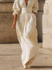 Stylish Retro V-neck Pinstripe Cotton Waisted Maxi Dress