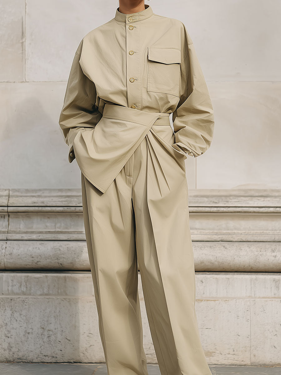 Unisex Patch Pocket Blouse & Two-piece Pleated Straight-leg Pants Set