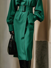 Minimalist Stand Collar Poplin Lantern Sleeve Shirt Midi Dress With Belt
