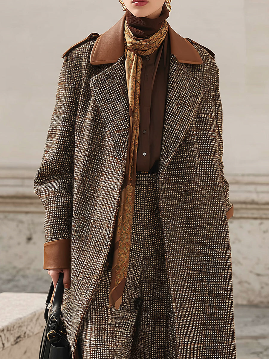 Classic Fine Plaid Wool Eco-friendly Leather Patchwork Lapel Mid-length Coat