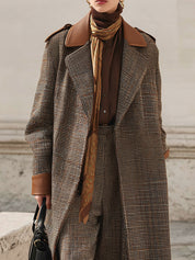 Classic Fine Plaid Wool Eco-friendly Leather Patchwork Lapel Mid-length Coat