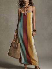 Bohemian Style Striped Color Block Spaghetti Strap Long Dress