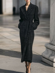 Minimalist Plaid Cocoon Wool Mid-length Coat With Belt