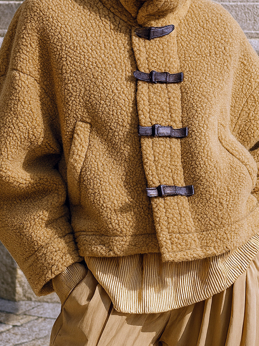 Old Money Polar Fleece High Collar Drop Shoulder Short Bread Jacket