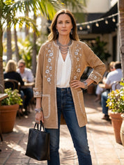 Women's Floral Embroidered Open-Front Suede Jacket