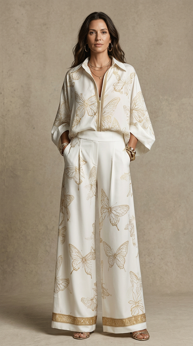 Bohemian Luxe Butterfly Jacquard Blouse & Wide-Leg Pants Set