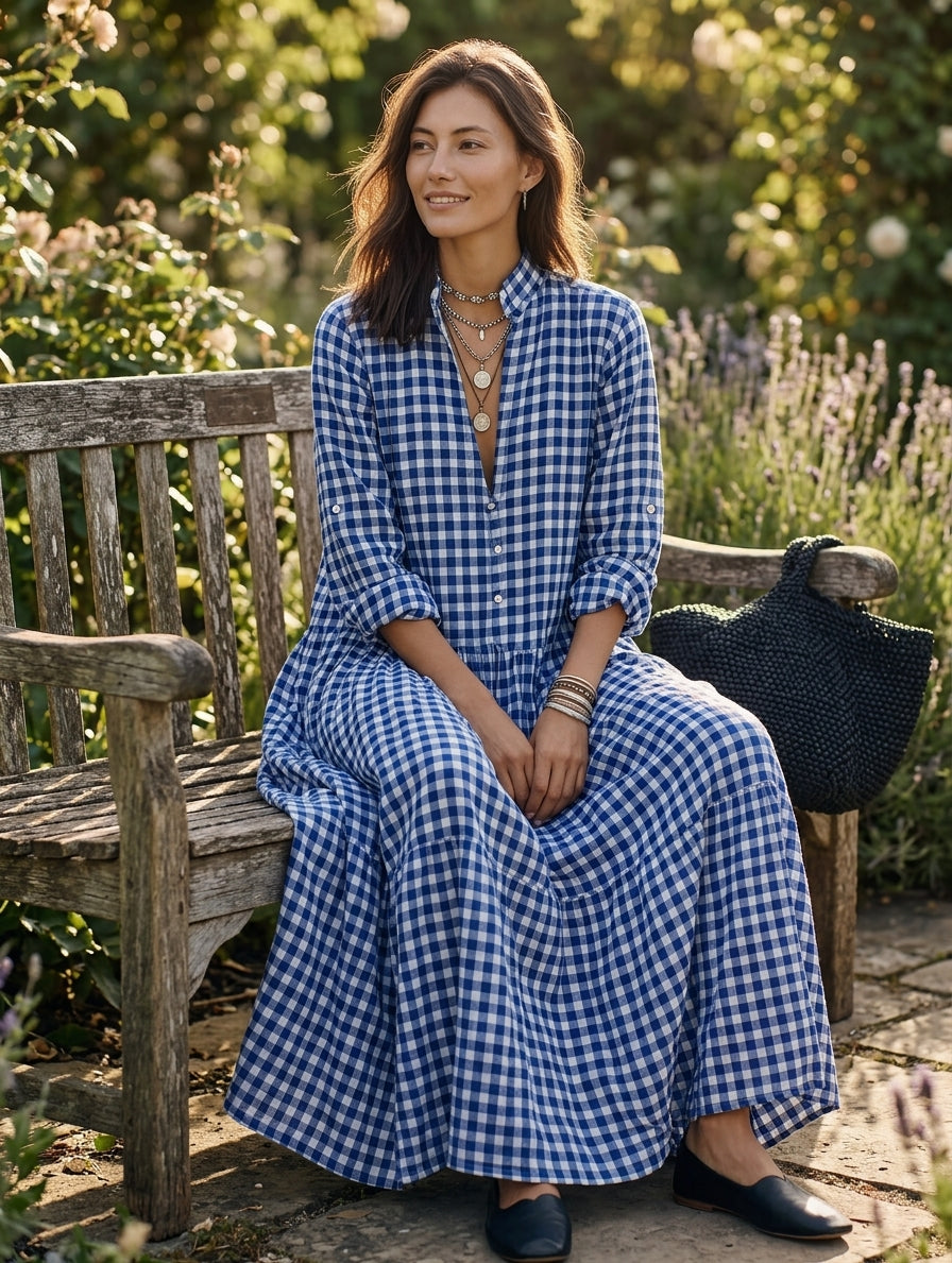 Blue Gingham Check Long Sleeve Maxi Shirt Dress
