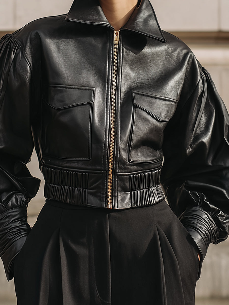 90s Minimalism Structured Cropped Eco-friendly Leather Jacket