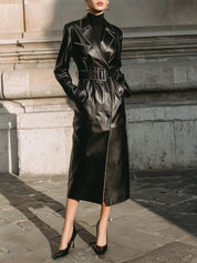 Minimalist Power Silhouette Belted Eco-friendly Leather Trench Coat