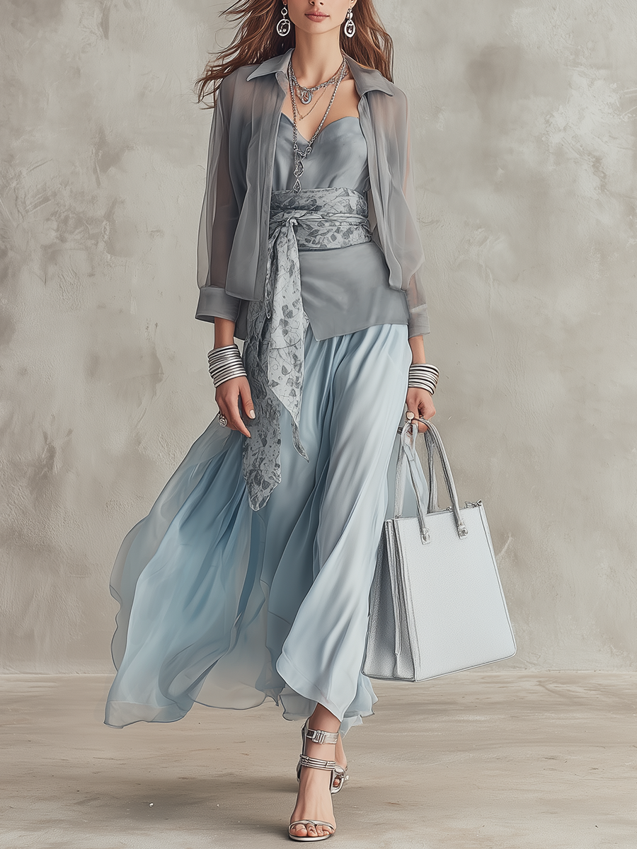 Elegant Dusty Blue Sheer Blouse & Fitted Maxi Dress Co-ord Set