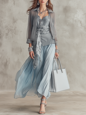 Elegant Dusty Blue Sheer Blouse & Fitted Maxi Dress Co-ord Set