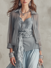 Elegant Dusty Blue Sheer Blouse & Fitted Maxi Dress Co-ord Set