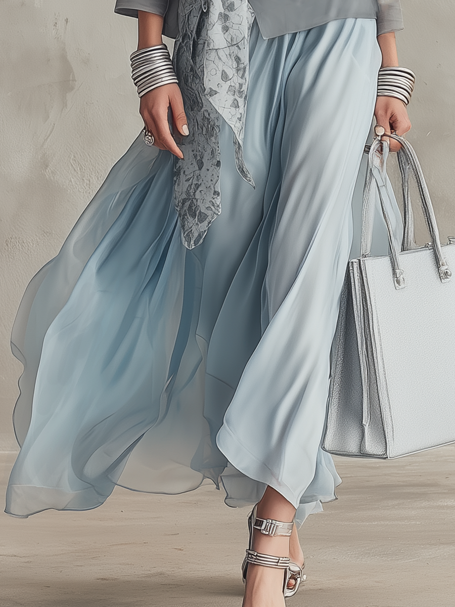 Elegant Dusty Blue Sheer Blouse & Fitted Maxi Dress Co-ord Set