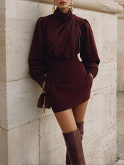 Retro Pleated Puff Sleeve Short Dress With Diagonal Pockets
