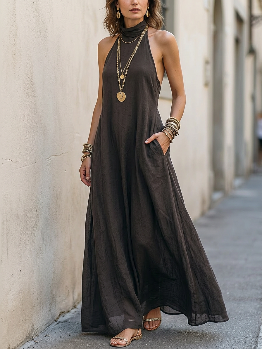 Charcoal Gray Bohemian Style Off The Shoulder Loose Maxi Dress