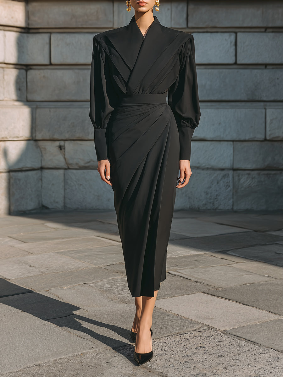 Minimalist Structured Black Draped Midi Dress