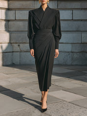 Minimalist Structured Black Draped Midi Dress