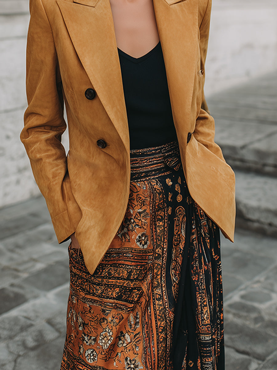 Retro-Inspired ﻿ Versatile Faux Suede Double-Breasted Blazer