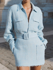 Parisian Retro Minimal Feminine Utility Tailored Straight Powder Tweed Shirt Dress