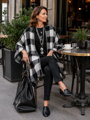 Women's Buffalo Check Poncho Cape Open Front Oversized Wrap Coat