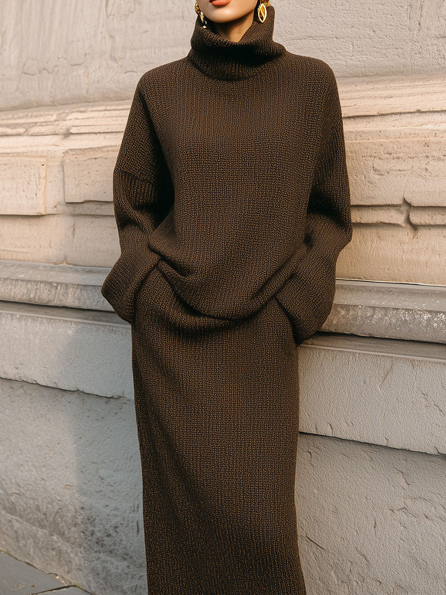 Minimalist Turtleneck Knitted Sweater & Diagonal Pocket Skirt Set