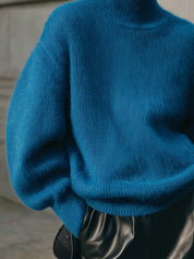 Minimalist Oversized Turtleneck Dropped Shoulder Lantern Sleeve Mohair Sweater