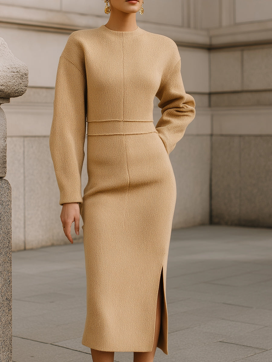 Minimalist Slimming High Neck Textured Wool Midi Dress