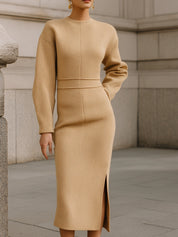 Minimalist Slimming High Neck Textured Wool Midi Dress