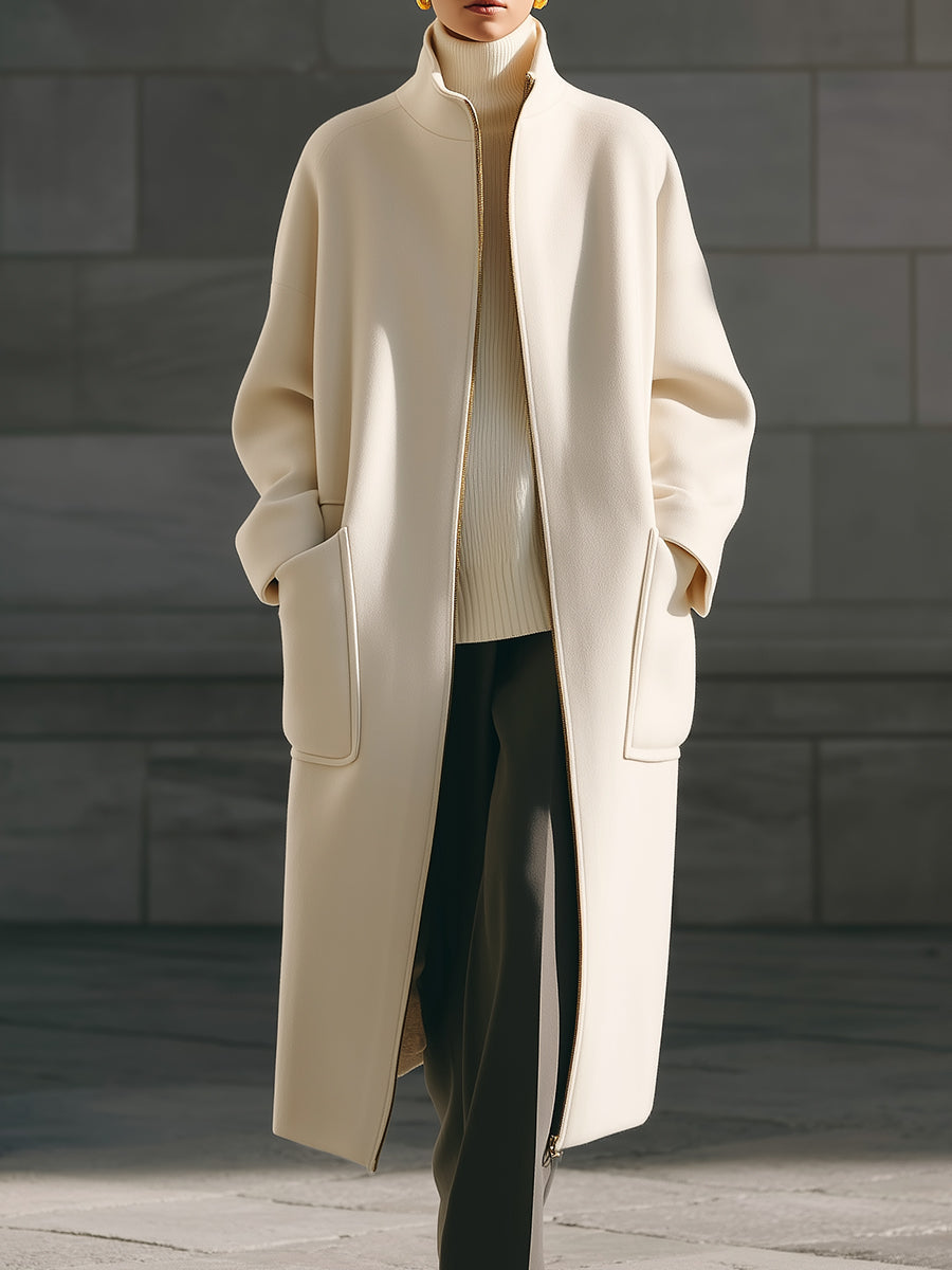 Minimalist Wool Straight Coat With Stand Collar And Front Zipper Design