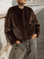 Minimalist Boxy Oversized Patch Pockets Faux Fur Coat