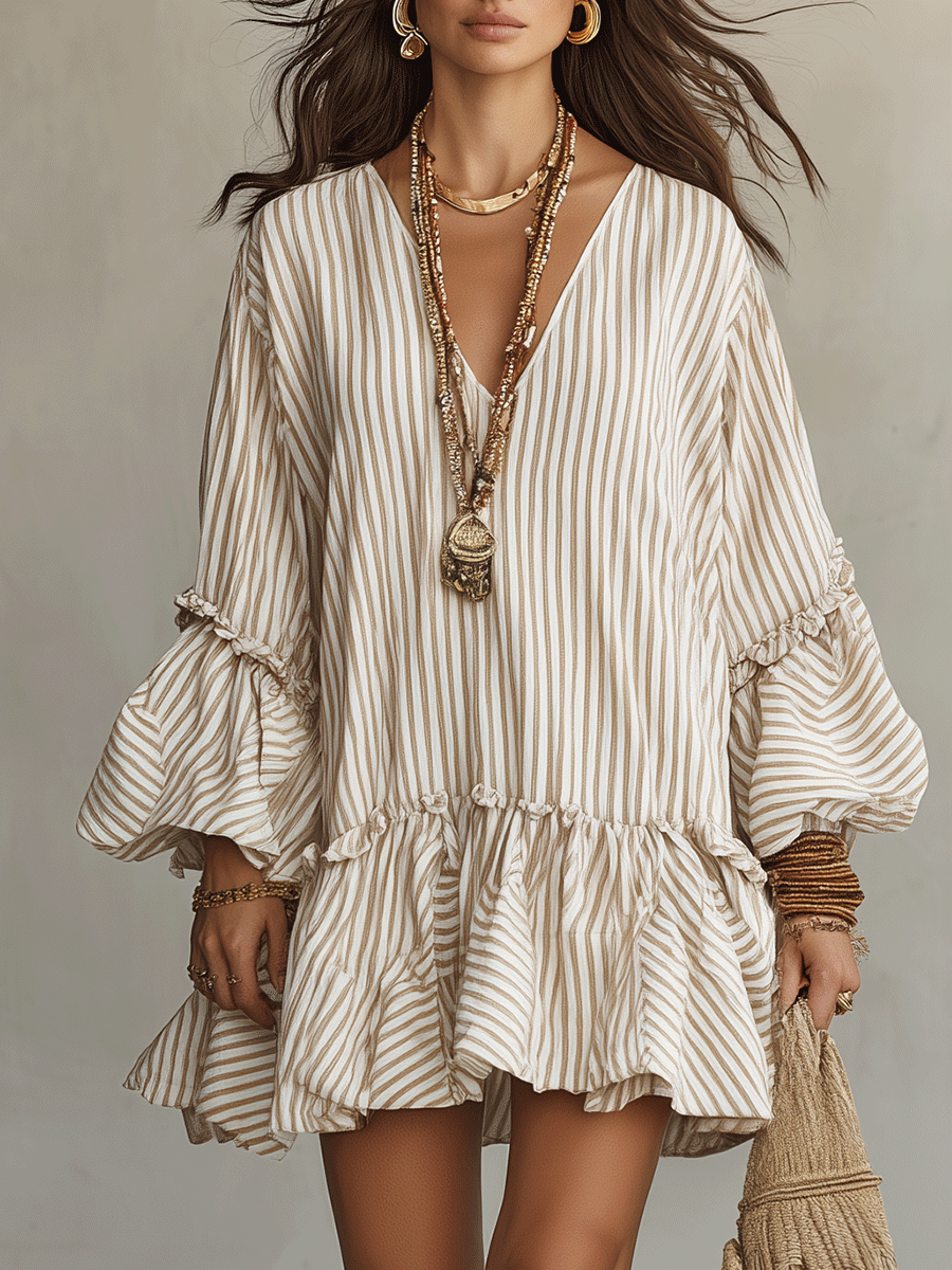 Sand Stripe Ruffled Boho Mini Dress
