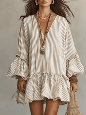 Sand Stripe Ruffled Boho Mini Dress