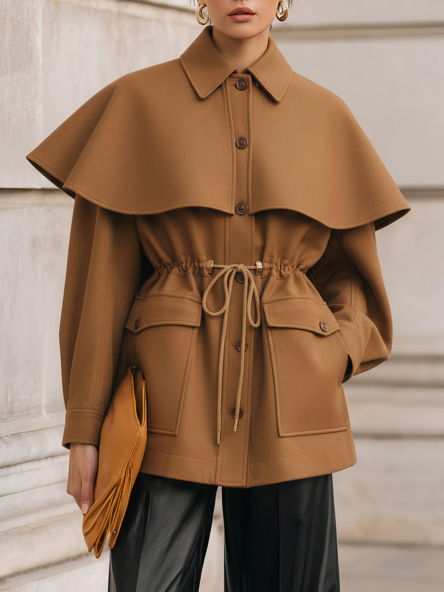 Old Money Detachable Cape Collar Waist Drawstring Woolen Jacket